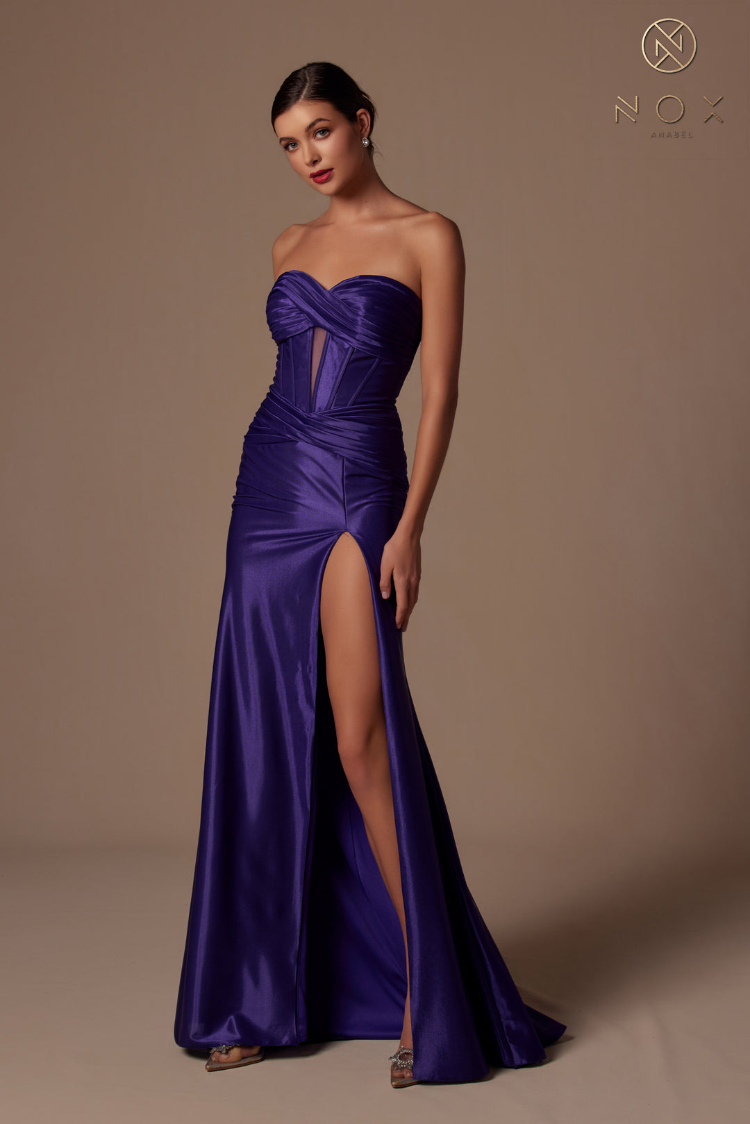 Satin Fitted Strapless Slit Gown by Nox Anabel T1489