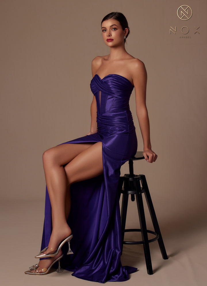 Satin Fitted Strapless Slit Gown by Nox Anabel T1489