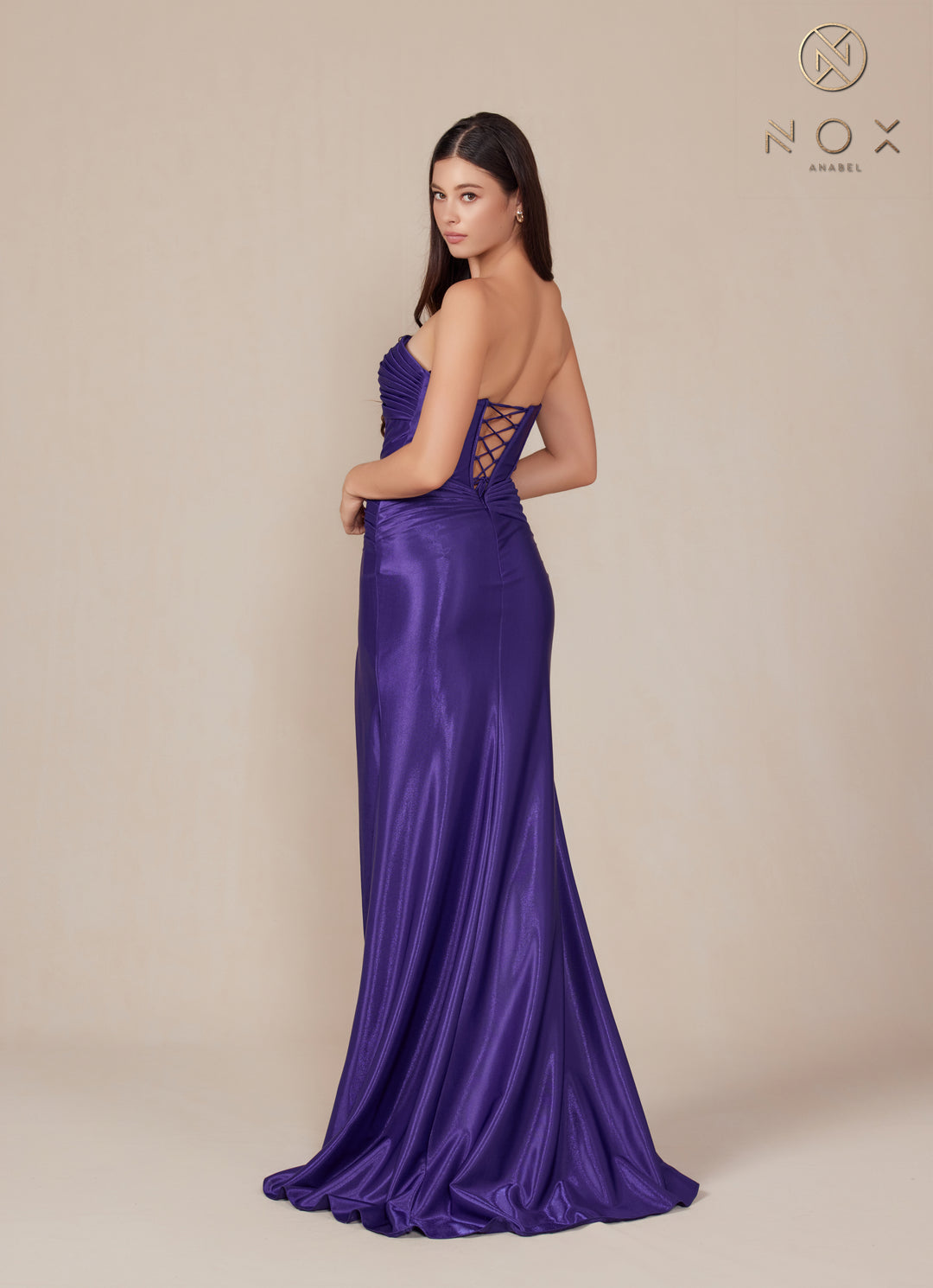 Satin Fitted Strapless Slit Gown by Nox Anabel T1489