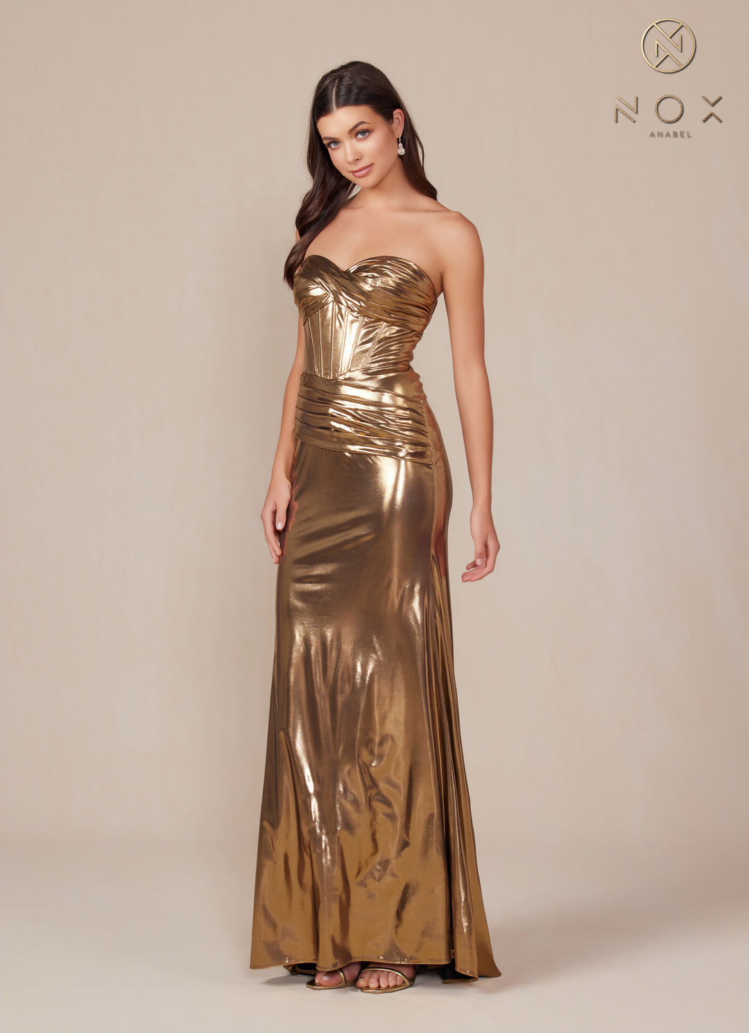 Metallic Fitted Strapless Gown by Nox Anabel T1499