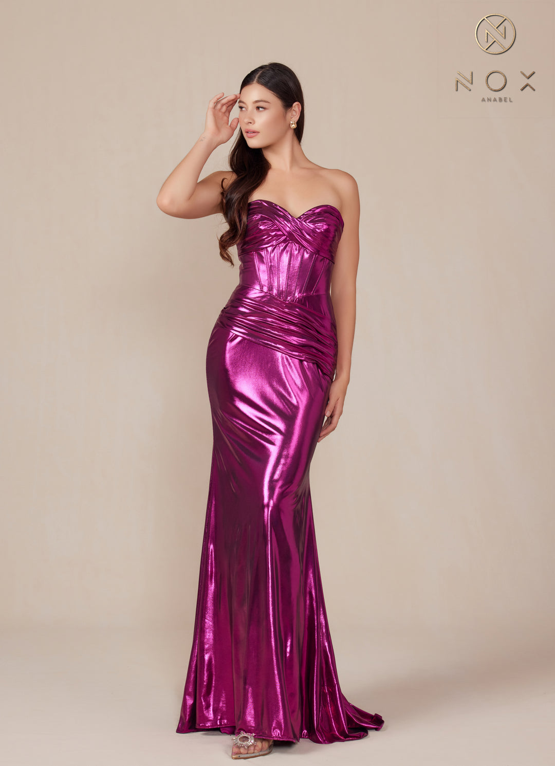 Metallic Fitted Strapless Gown by Nox Anabel T1499