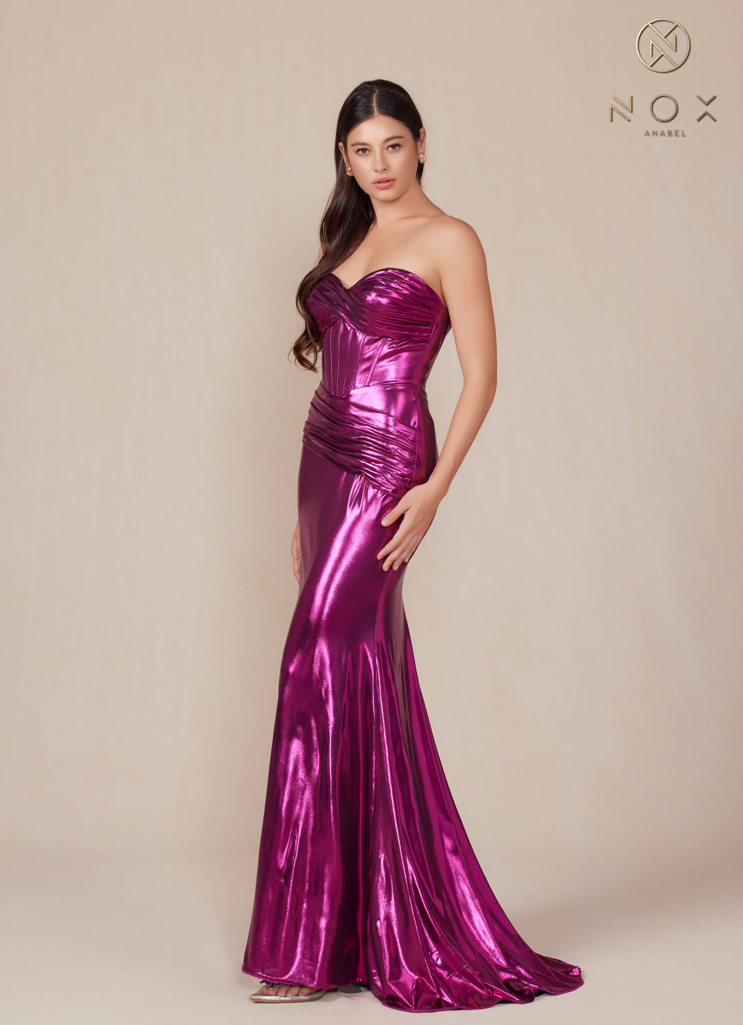 Metallic Fitted Strapless Gown by Nox Anabel T1499