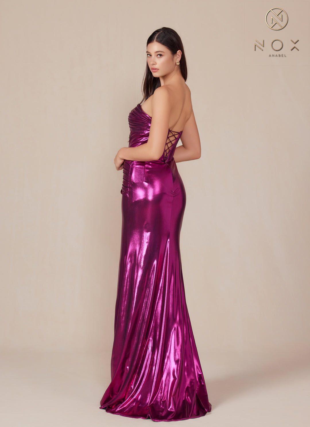 Metallic Fitted Strapless Gown by Nox Anabel T1499