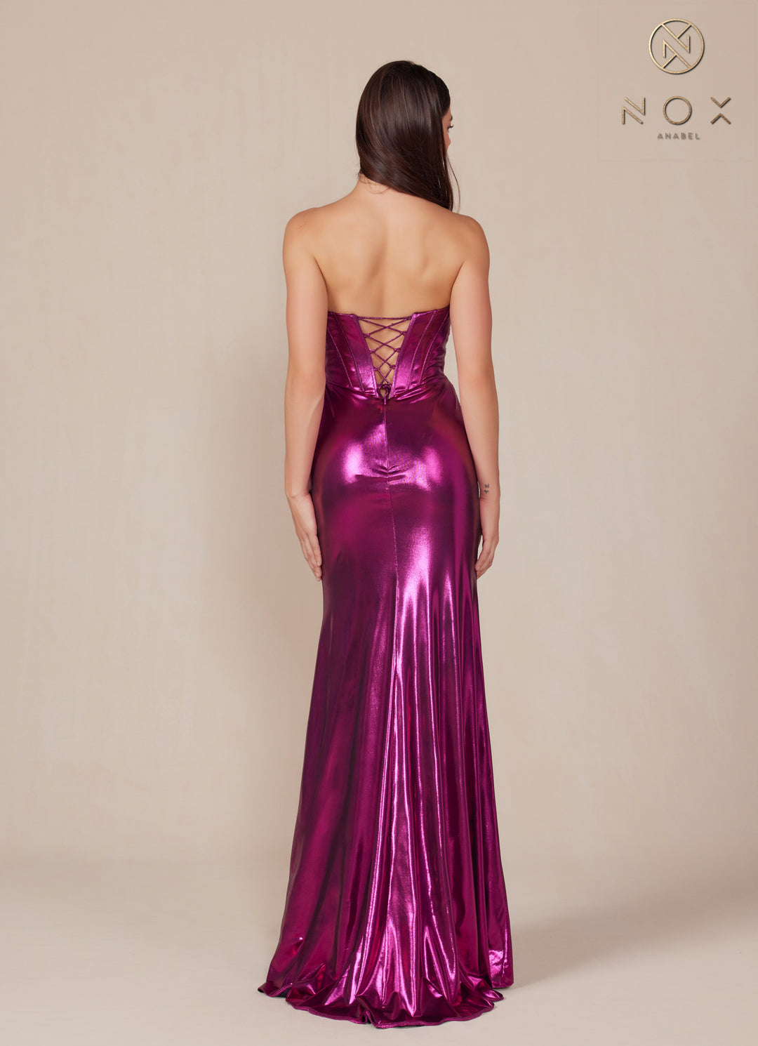 Metallic Fitted Strapless Gown by Nox Anabel T1499