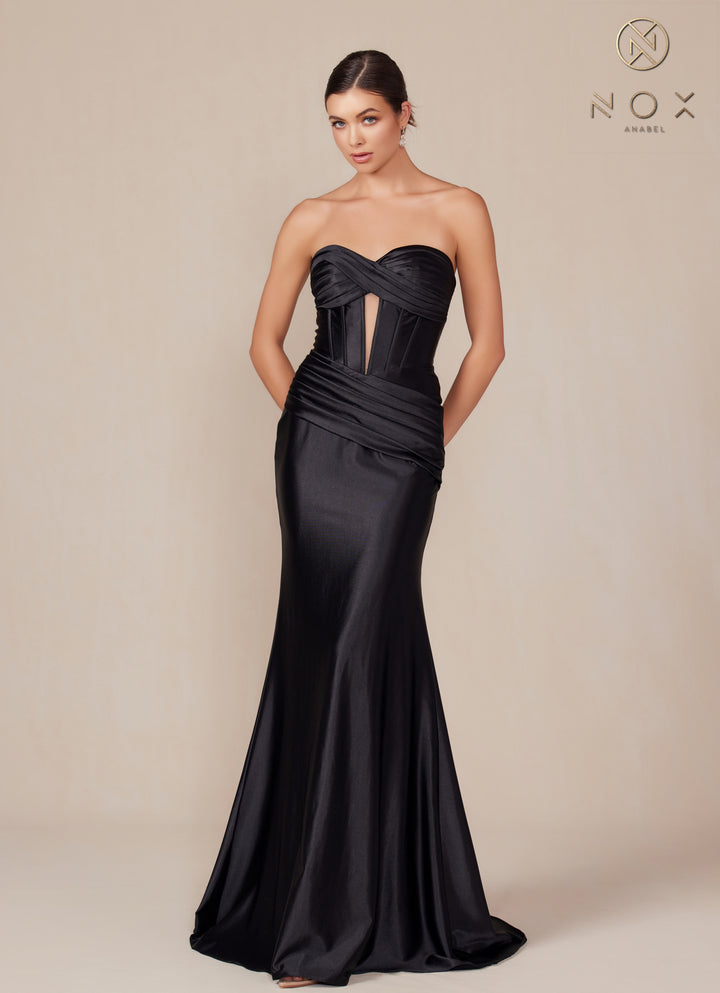 Satin Fitted Strapless Corset Gown by Nox Anabel T1500