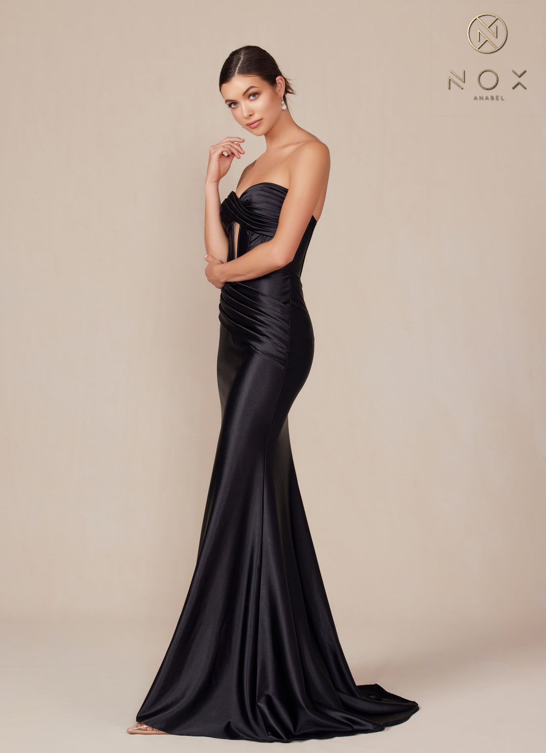 Satin Fitted Strapless Corset Gown by Nox Anabel T1500