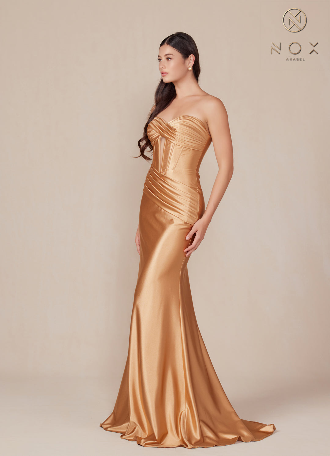 Satin Fitted Strapless Corset Gown by Nox Anabel T1500