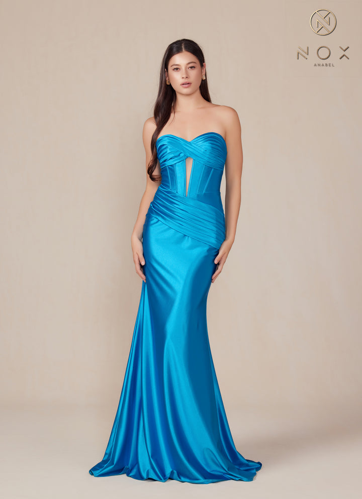 Satin Fitted Strapless Corset Gown by Nox Anabel T1500