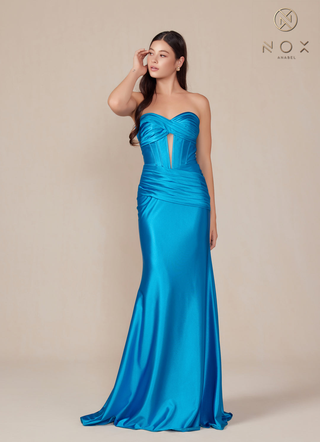 Satin Fitted Strapless Corset Gown by Nox Anabel T1500