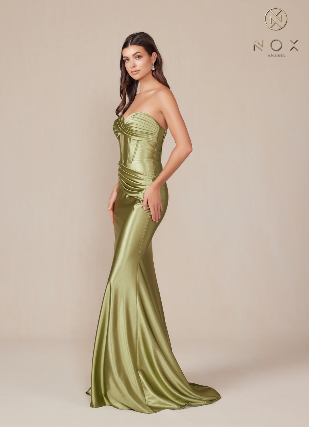 Satin Fitted Strapless Corset Gown by Nox Anabel T1500