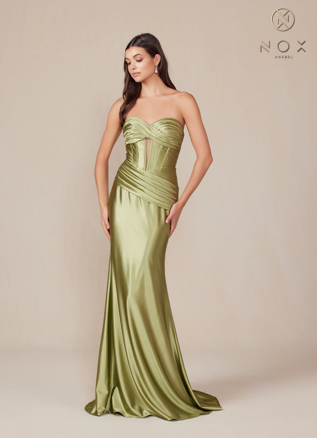 Satin Fitted Strapless Corset Gown by Nox Anabel T1500