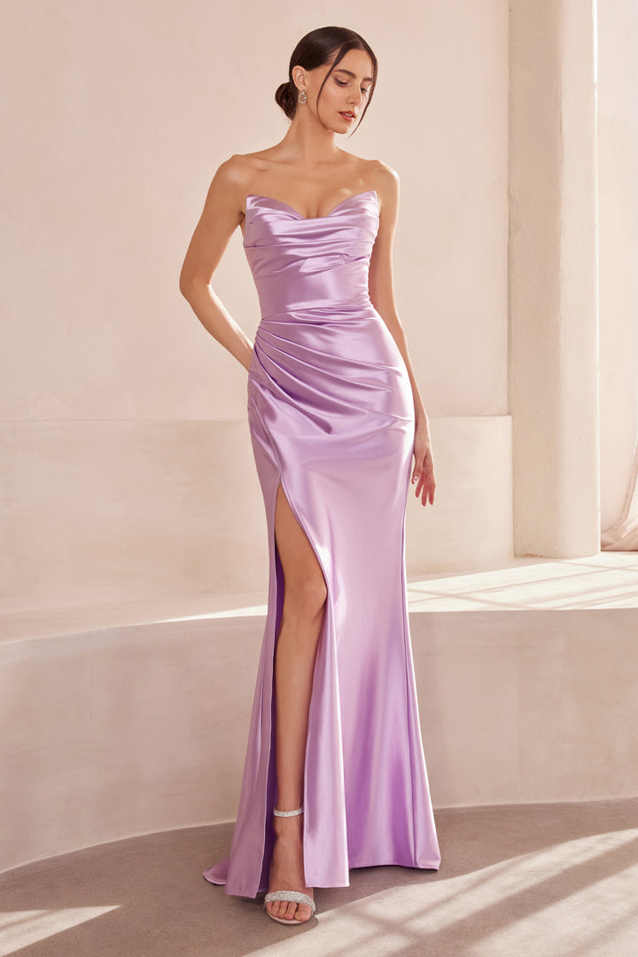 Satin Fitted Strapless Slit Gown by Ladivine T704