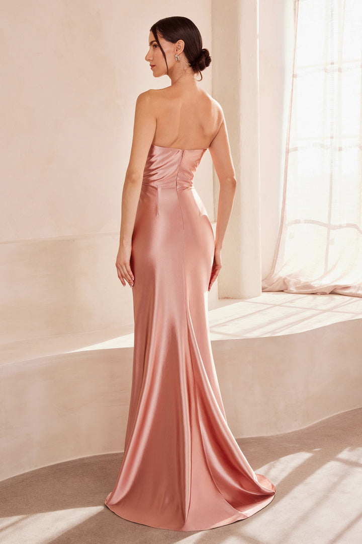 Satin Fitted Strapless Slit Gown by Ladivine T704