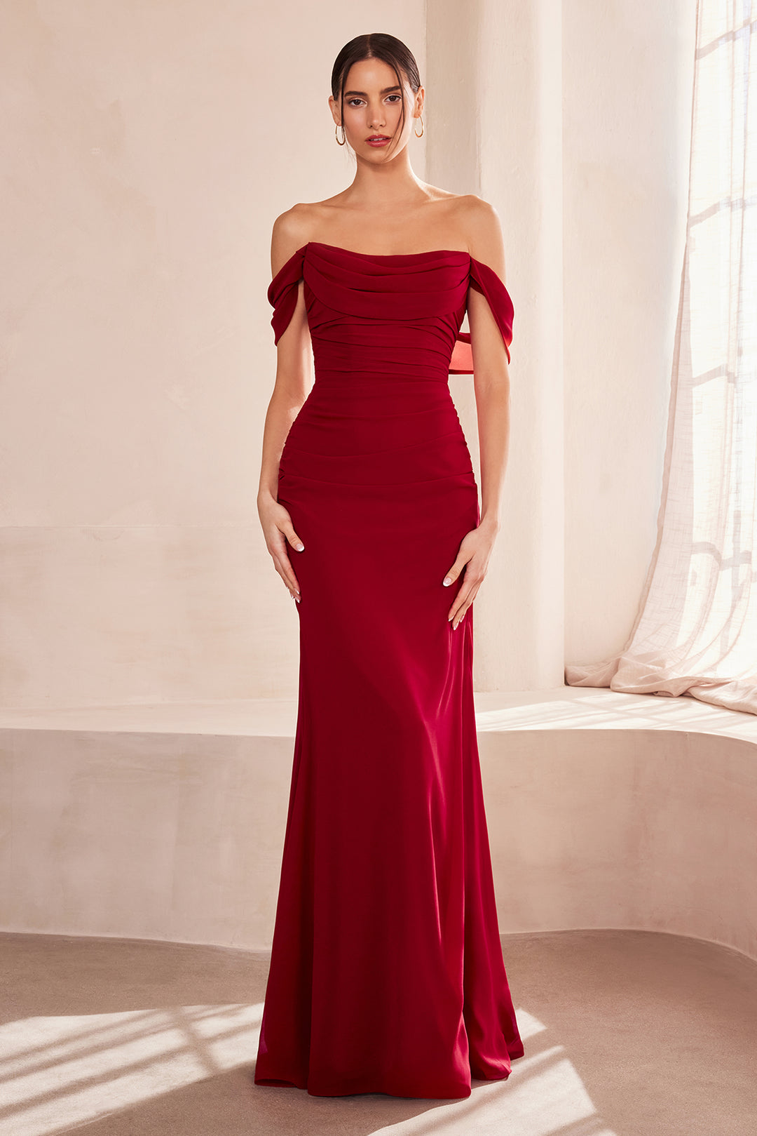 Chiffon Fitted Off Shoulder Gown by Ladivine T705