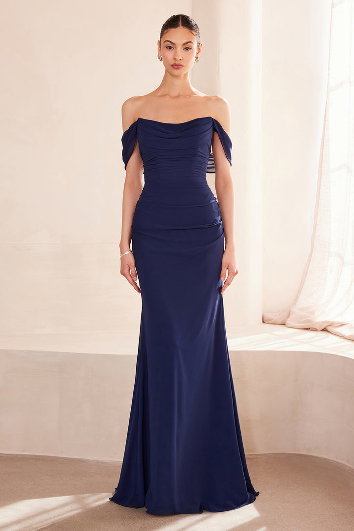 Chiffon Fitted Off Shoulder Gown by Ladivine T705