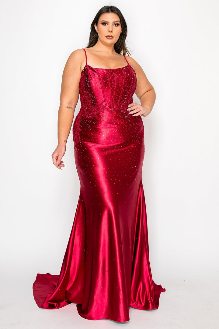 Plus Size Beaded Satin Gown by Poly USA W1164