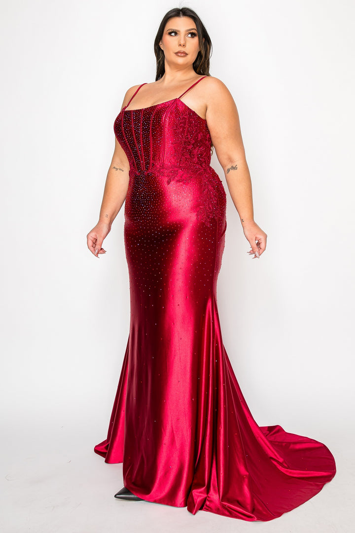 Plus Size Beaded Satin Gown by Poly USA W1164