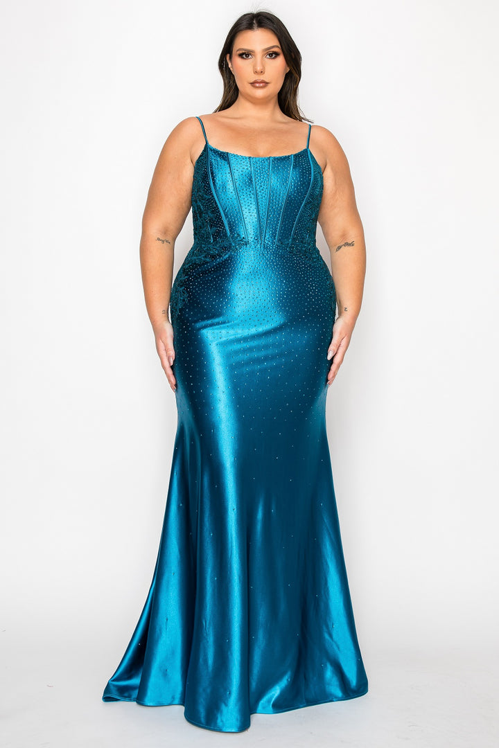 Plus Size Beaded Satin Gown by Poly USA W1164