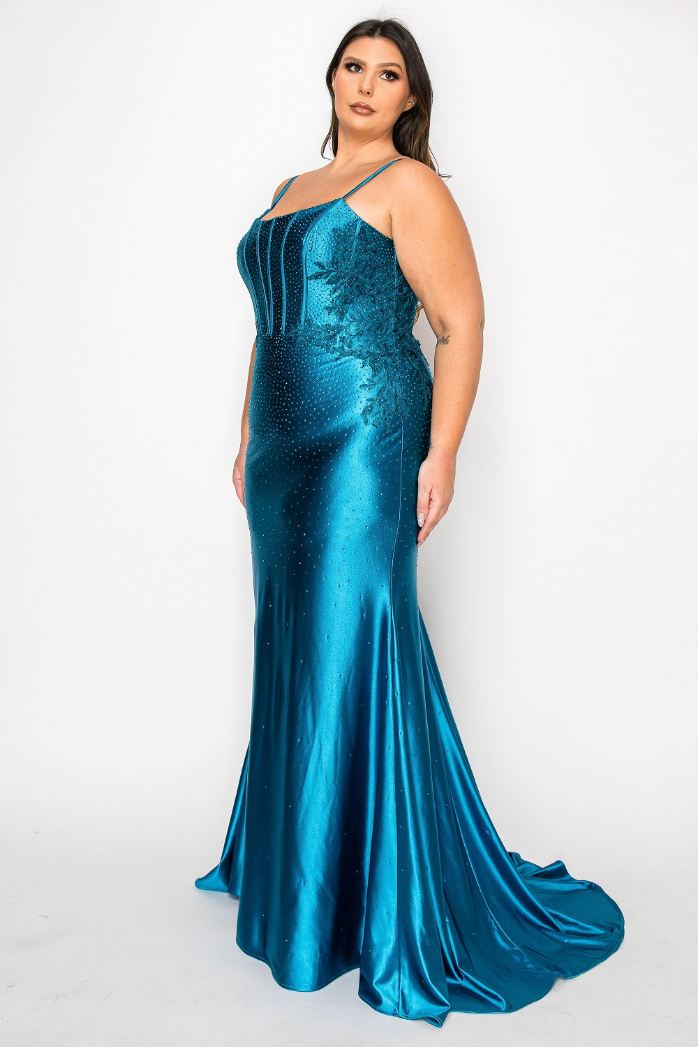 Plus Size Beaded Satin Gown by Poly USA W1164