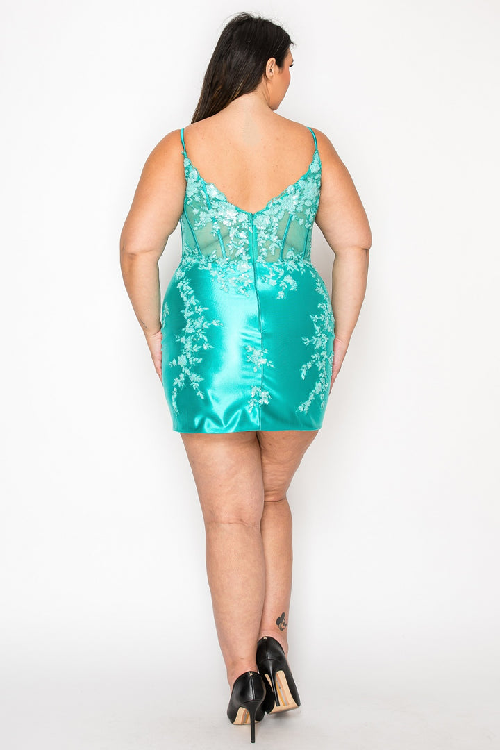 Plus Size Short Applique Satin Dress by Poly USA W1170