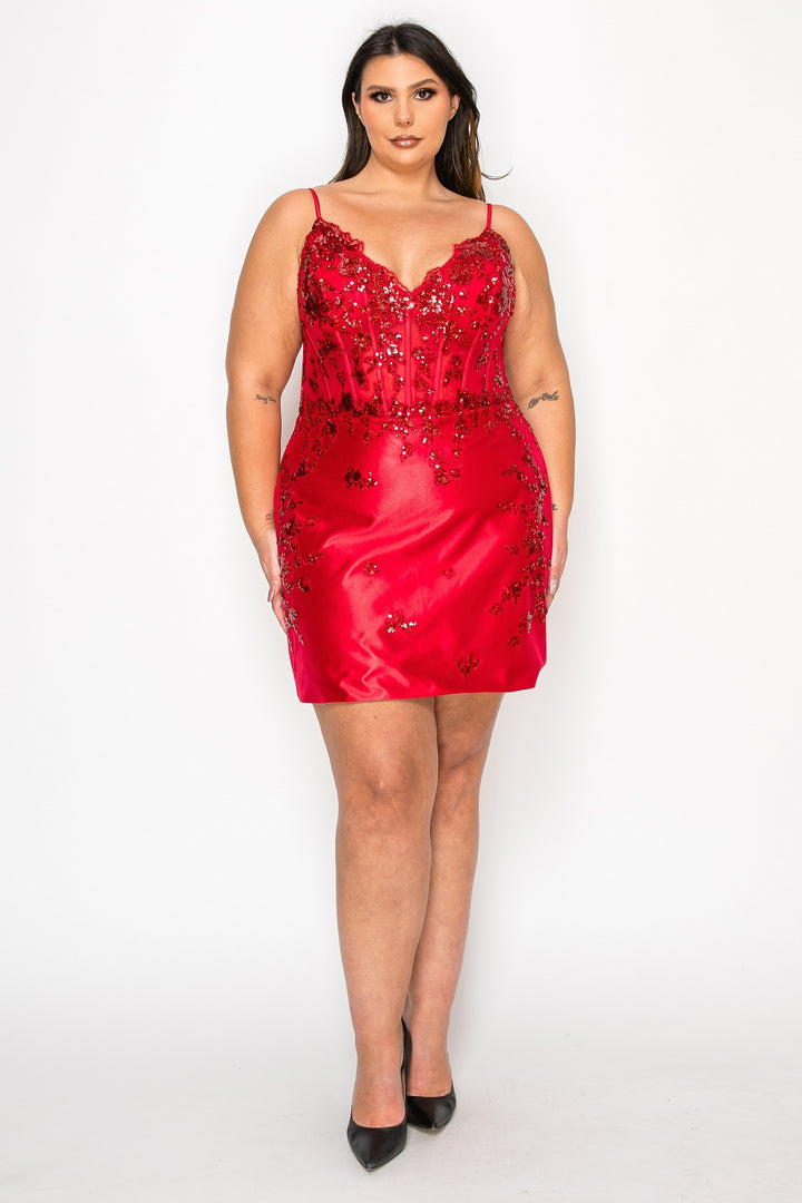 Plus Size Short Applique Satin Dress by Poly USA W1170