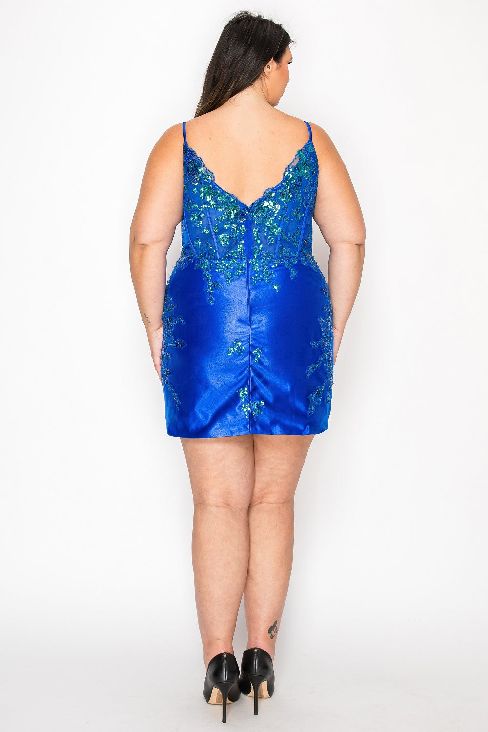 Plus Size Short Applique Satin Dress by Poly USA W1170