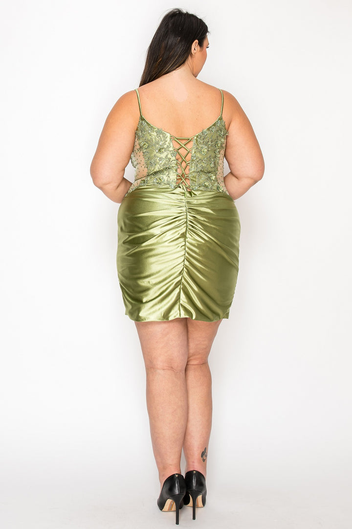 Plus Size Short Beaded Satin Dress by Poly USA W1176