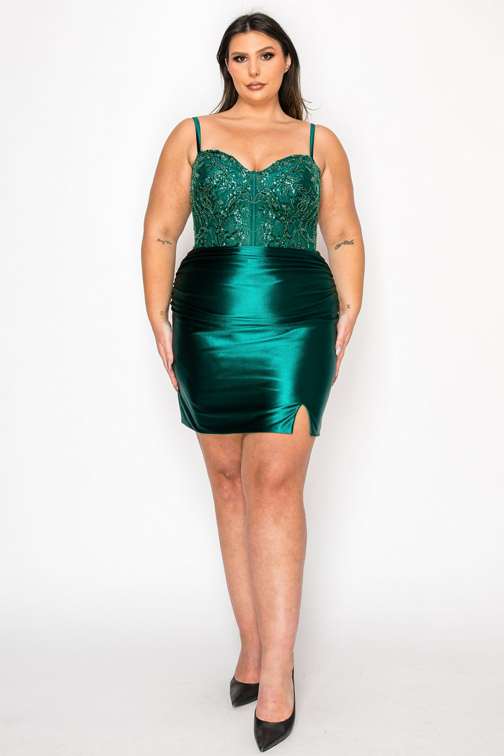 Plus Size Short Beaded Satin Slit Dress by Poly USA W1178