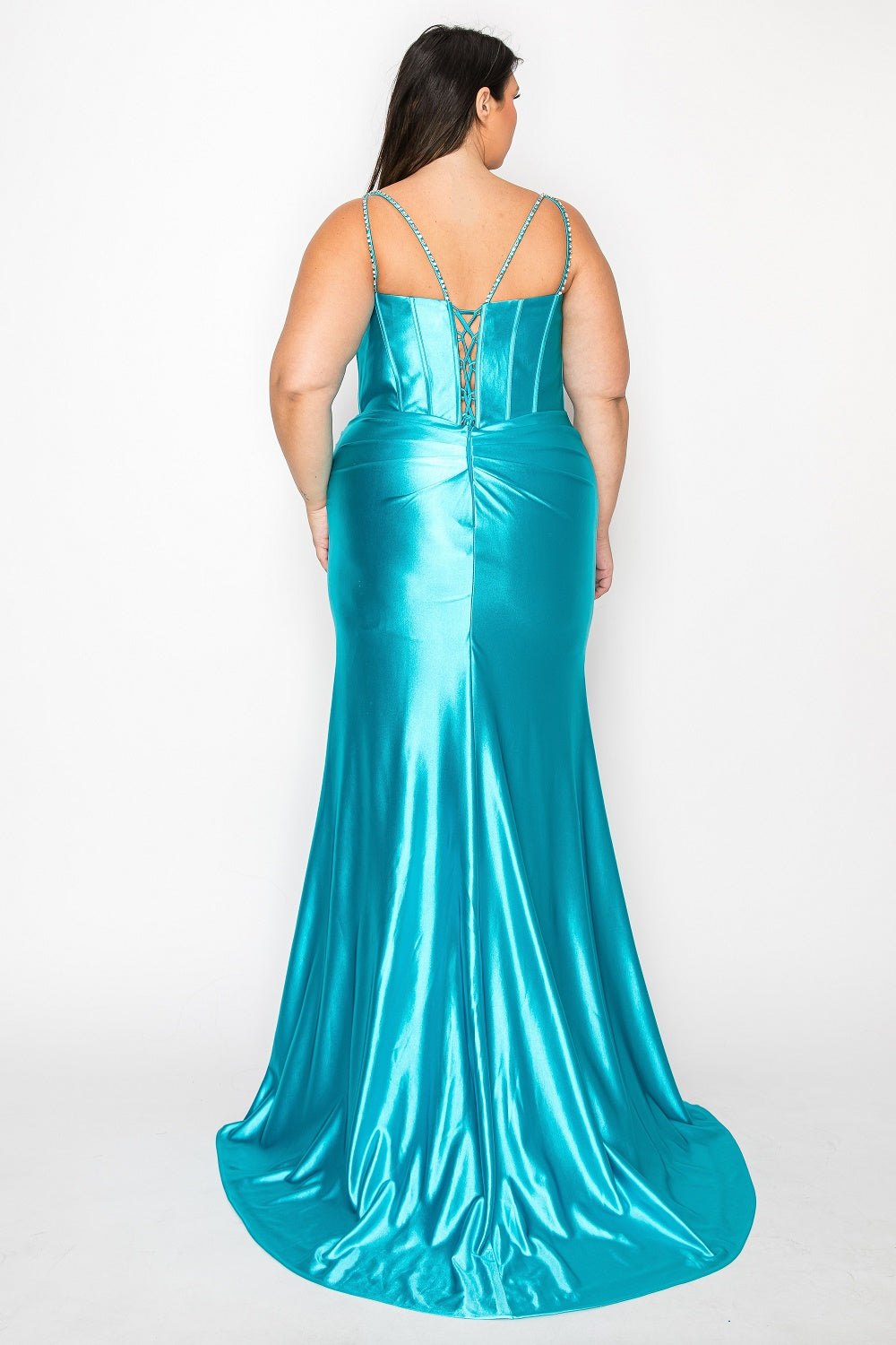 Plus Size Fitted Satin Corset Slit Gown by Poly USA W1180