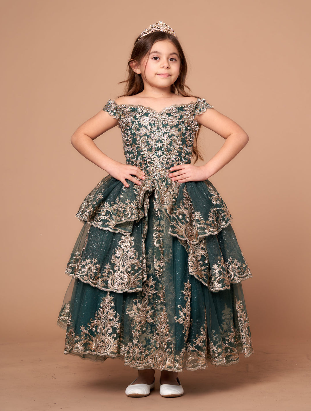 Girls Applique Off Shoulder Layered Gown by Calla WB102