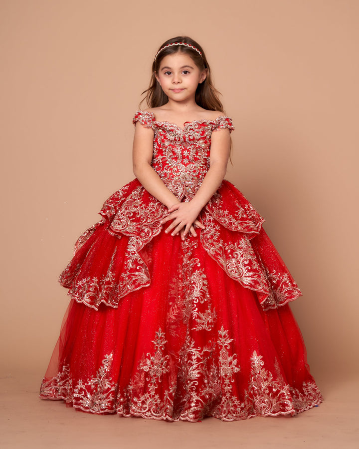 Girls Applique Off Shoulder Layered Gown by Calla WB102