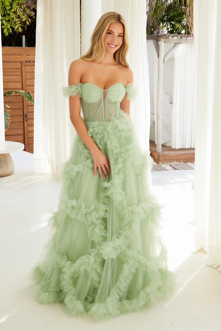 Off Shoulder Ruffled A-line Gown by Nox Anabel Y1472