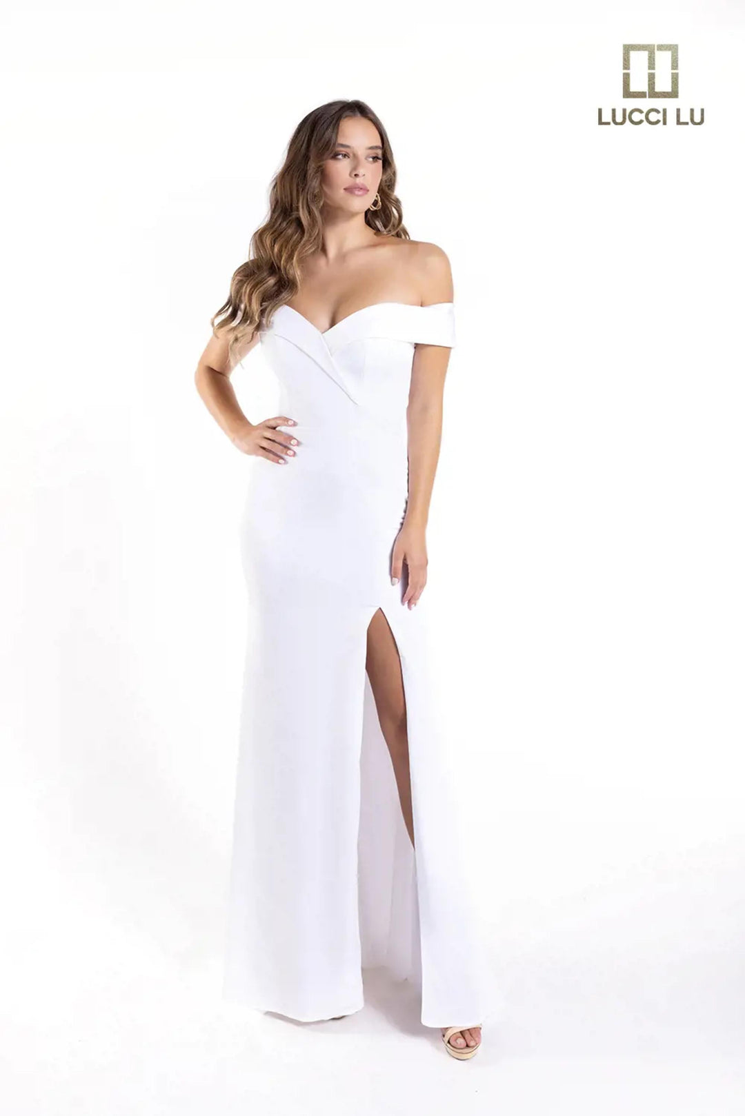 Crepe Off Shoulder Slit Gown by Lucci Lu 8262