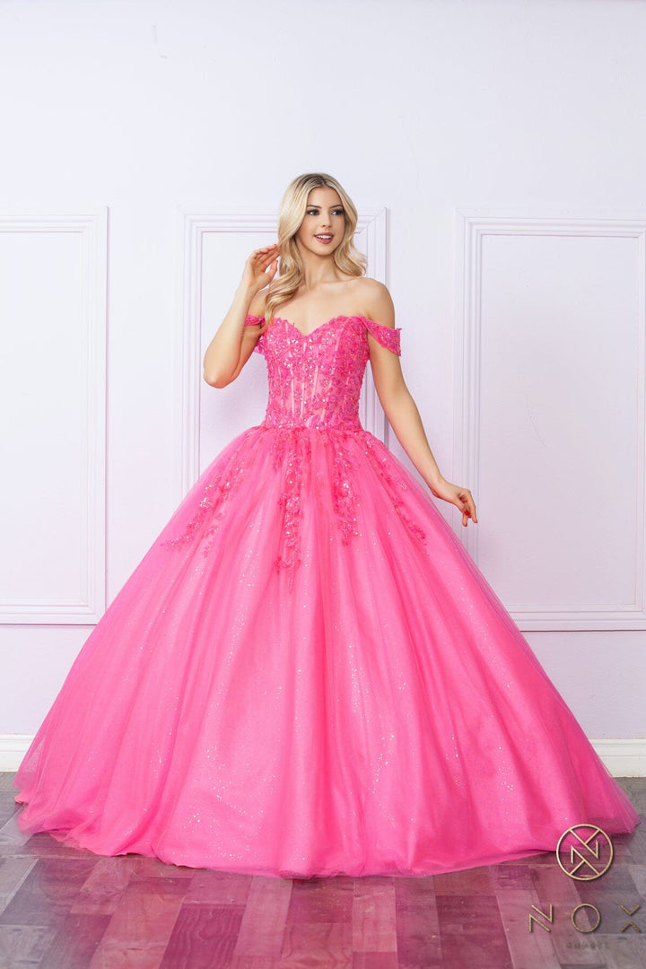 Applique Off Shoulder Corset Ball Gown by Nox Anabel H1349