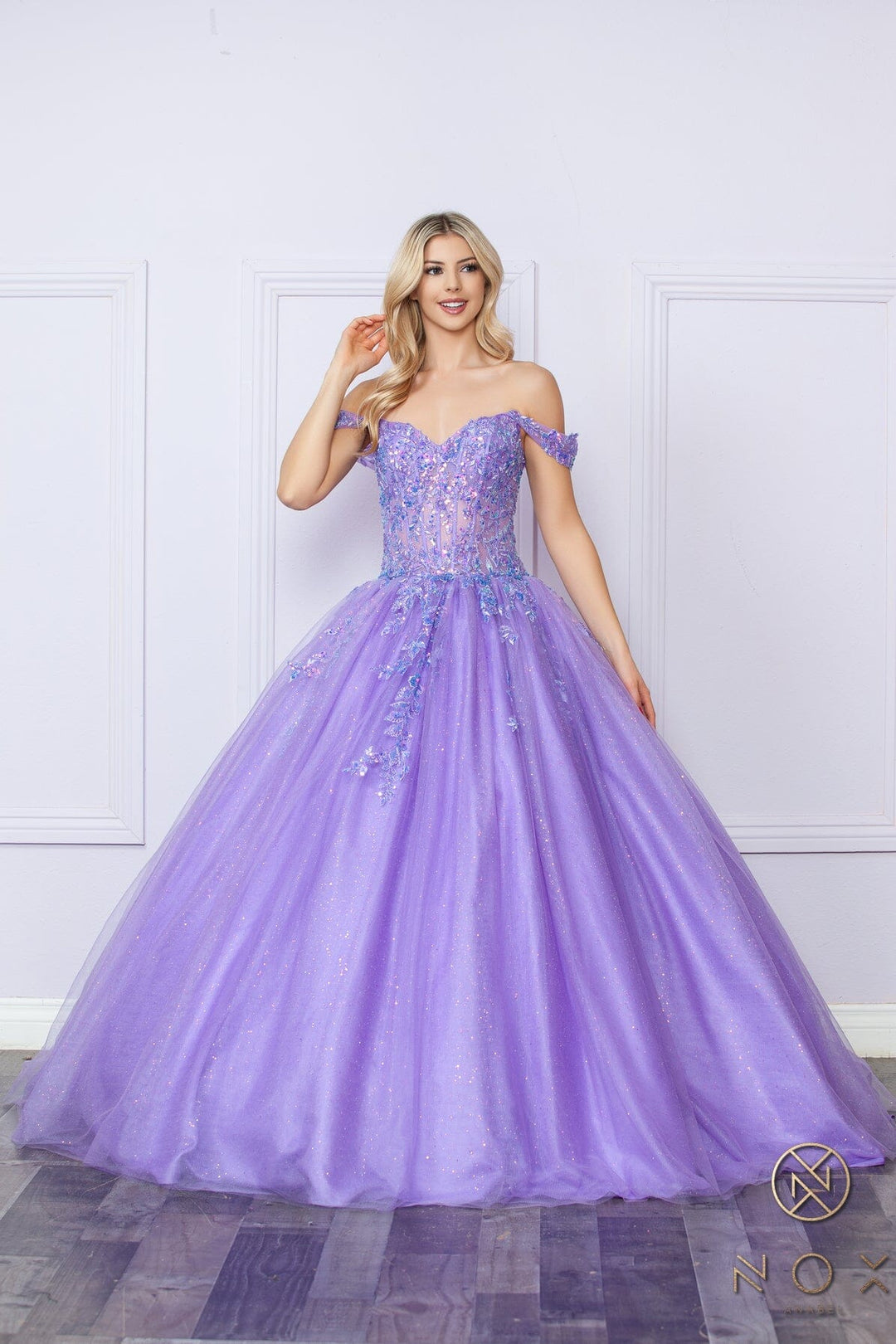 Applique Off Shoulder Corset Ball Gown by Nox Anabel H1349