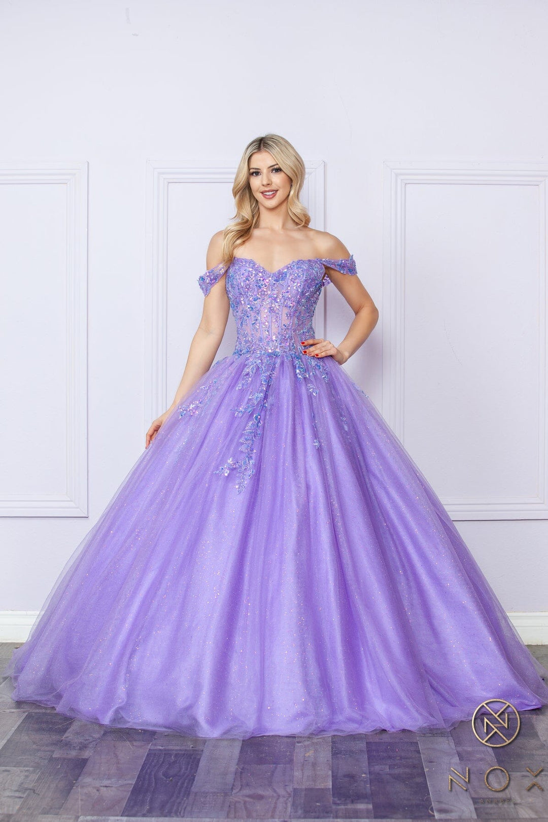 Applique Off Shoulder Corset Ball Gown by Nox Anabel H1349