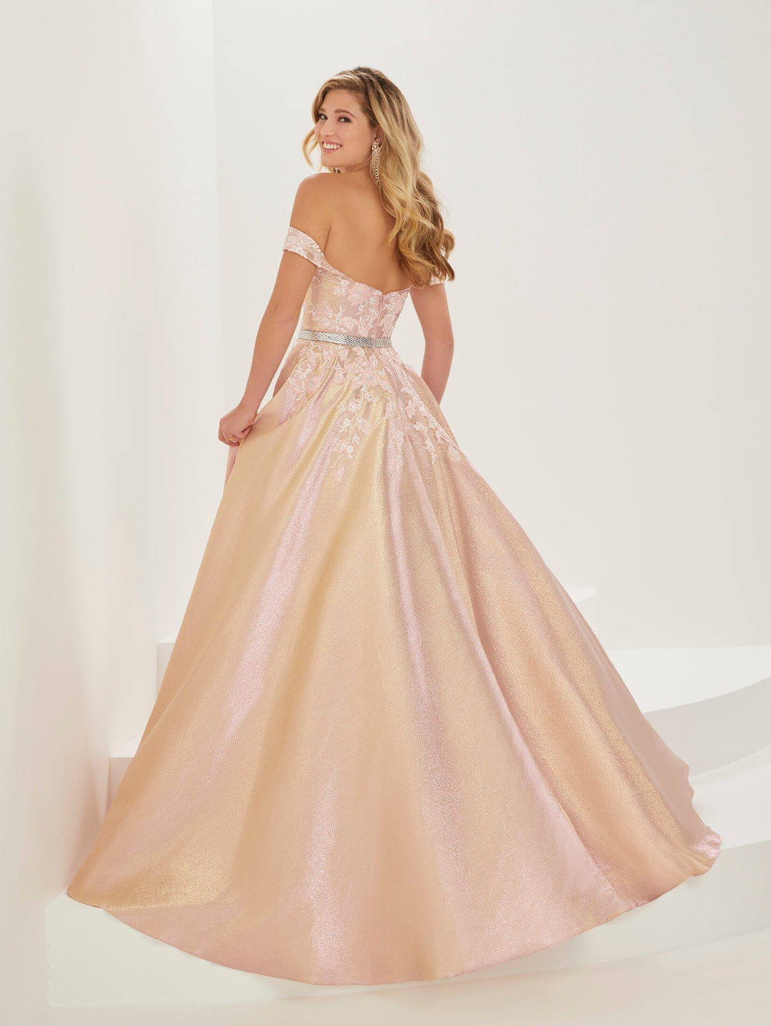 Applique Off Shoulder Shimmer Gown by Tiffany Designs 16936