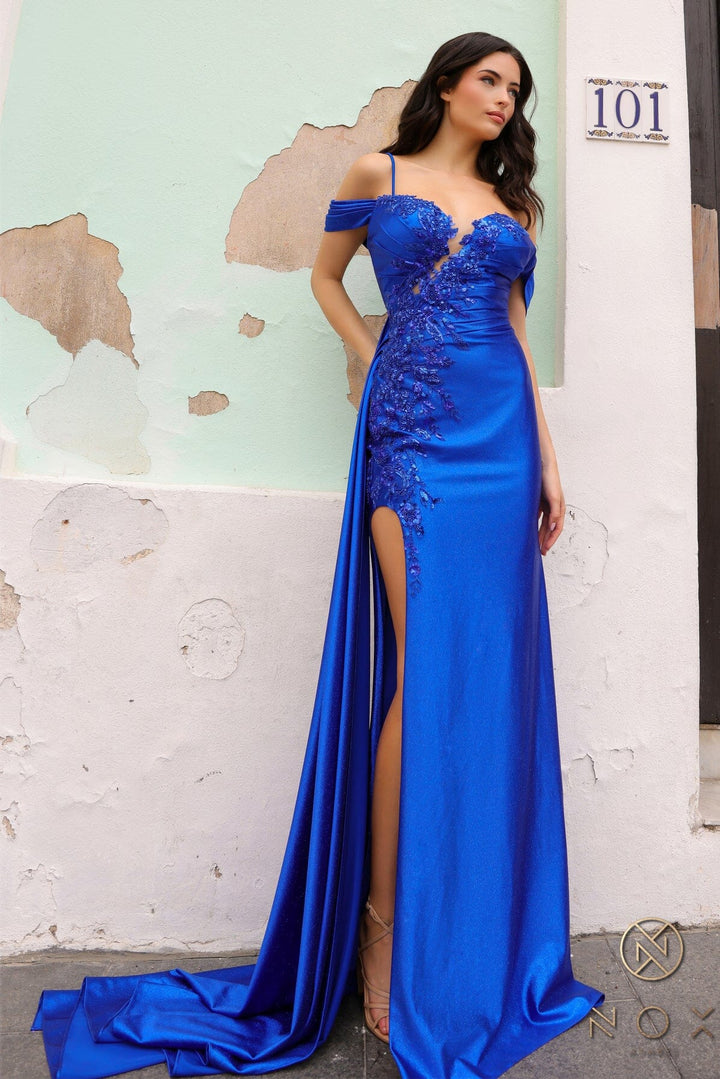 Applique Satin Cold Shoulder Slit Gown by Nox Anabel E1451