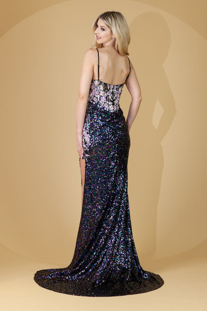 Applique Sequin Corset Slit Gown by Amelia Couture TM1020