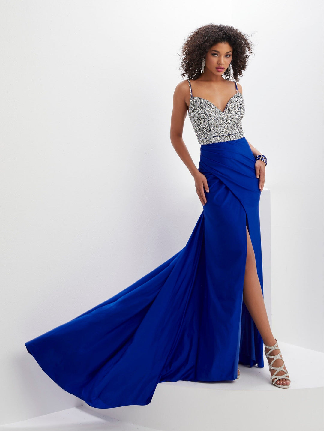 Beaded Bodice Spandex Sleeveless Slit Gown by Panoply 14131