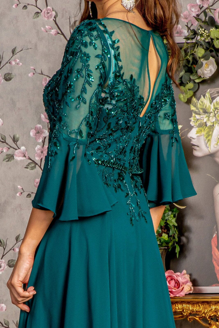 Beaded Chiffon 3/4 Sleeve A-line Gown by GLS Gloria GL3434