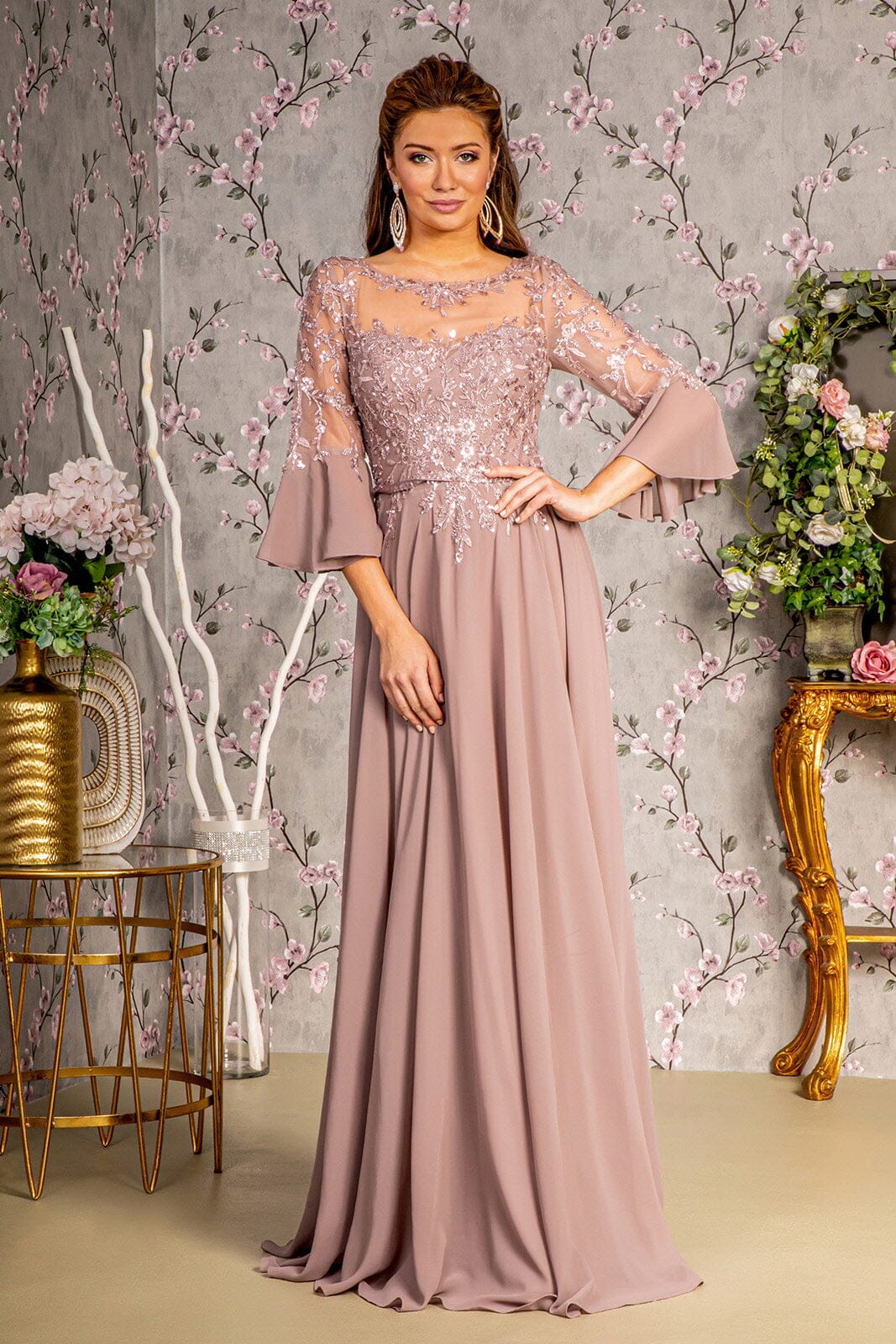 Beaded Chiffon 3/4 Sleeve A-line Gown by GLS Gloria GL3434