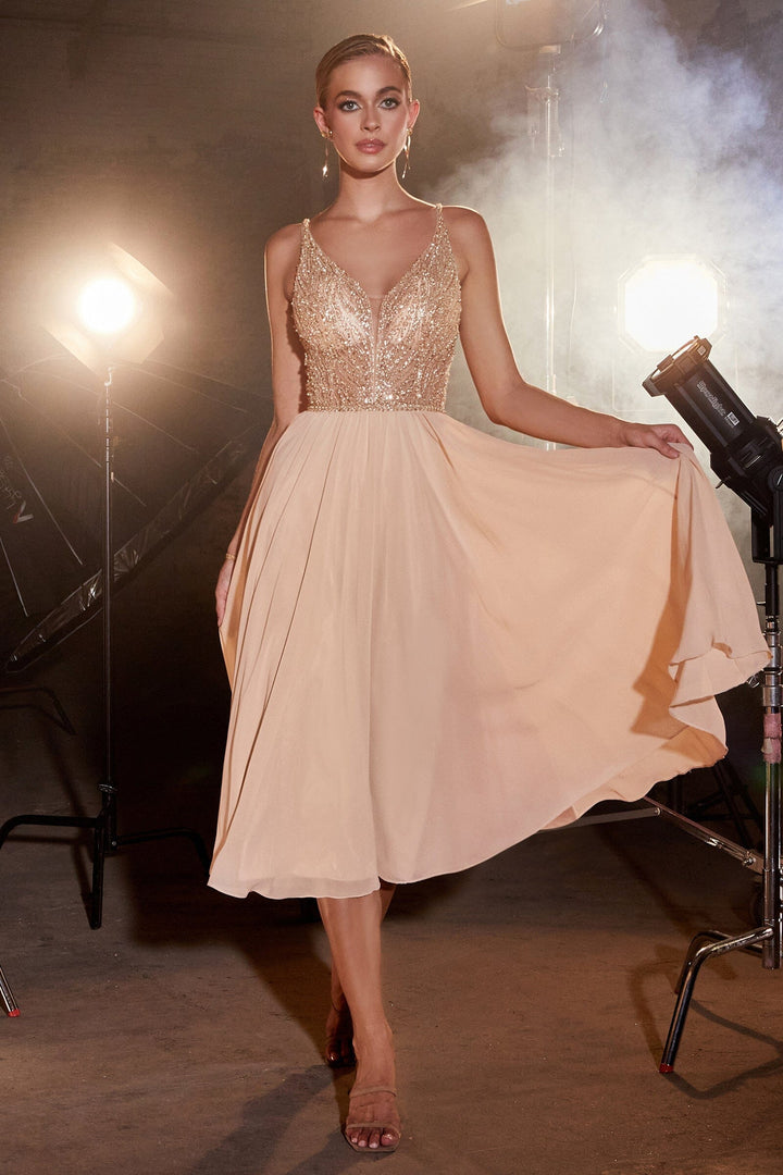 Beaded Chiffon V-Neck Tea Length Dress by Ladivine CD0225