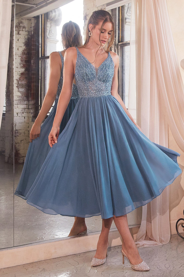 Beaded Chiffon V-Neck Tea Length Dress by Ladivine CD0225