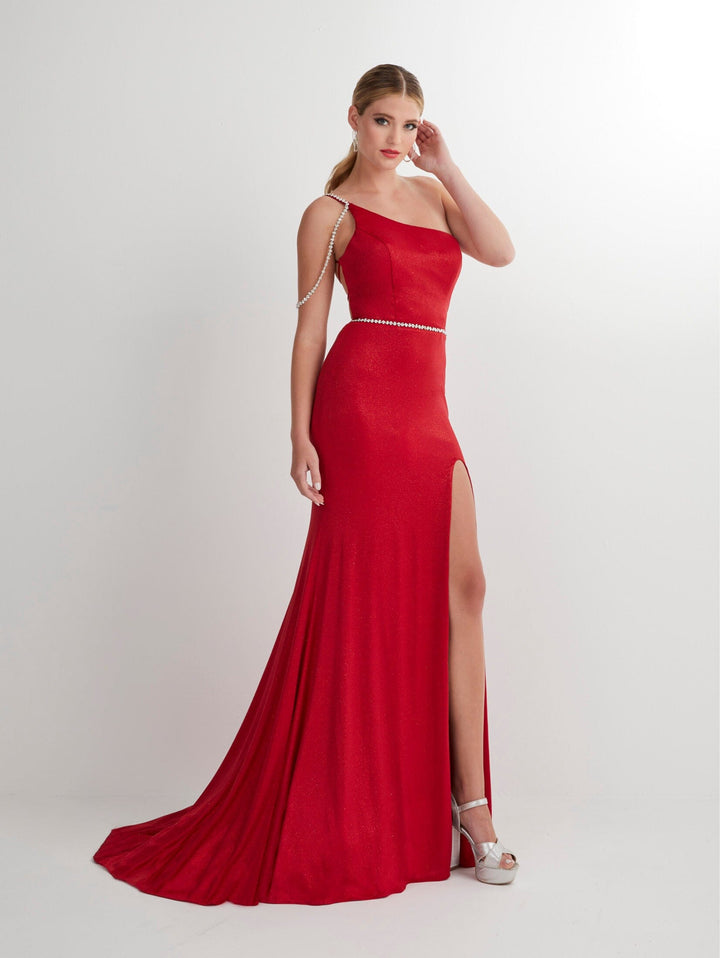 Beaded Jersey One Shoulder Slit Gown by Studio 17 12887