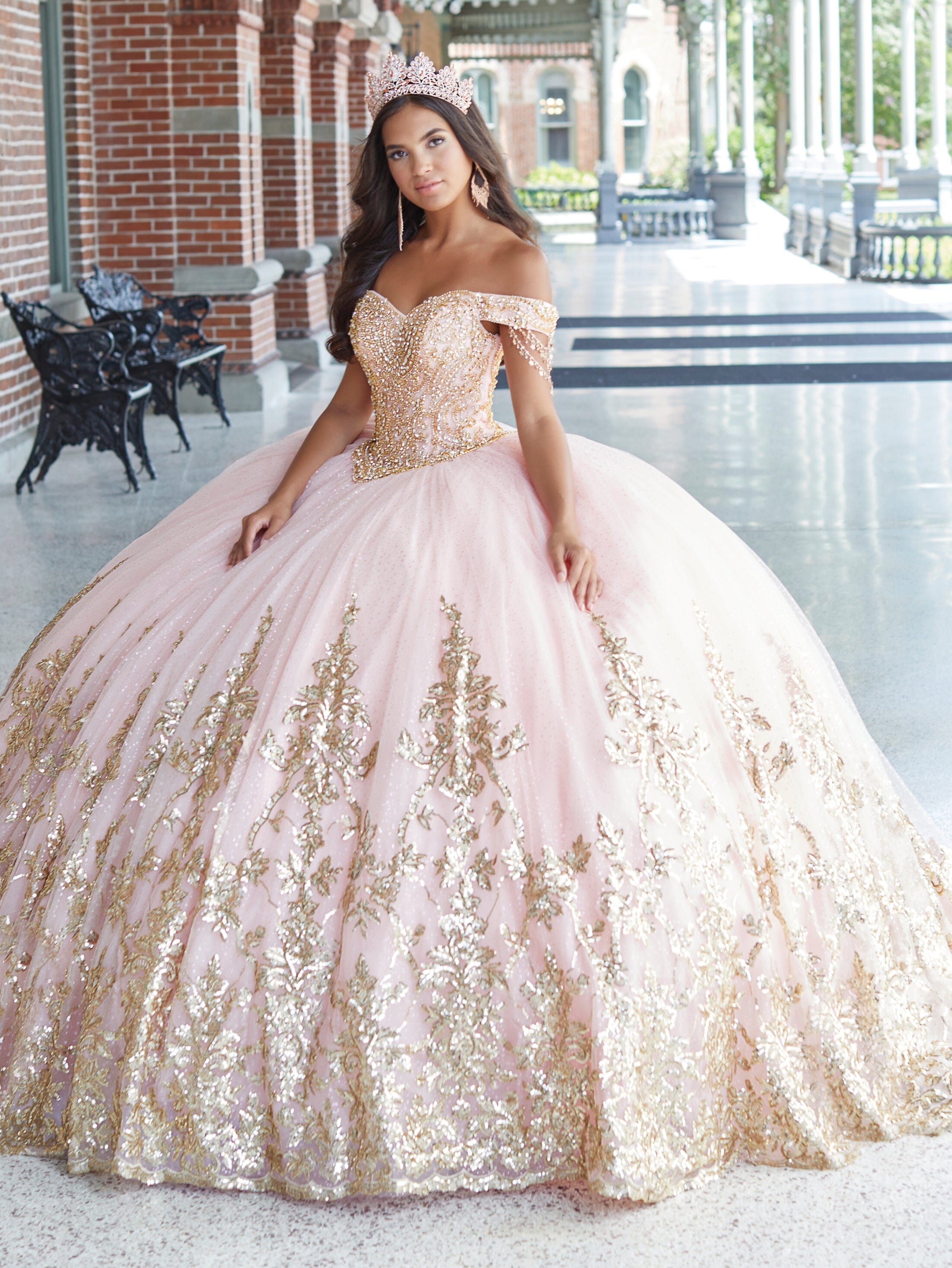 off shoulder rose gold quinceanera dresses