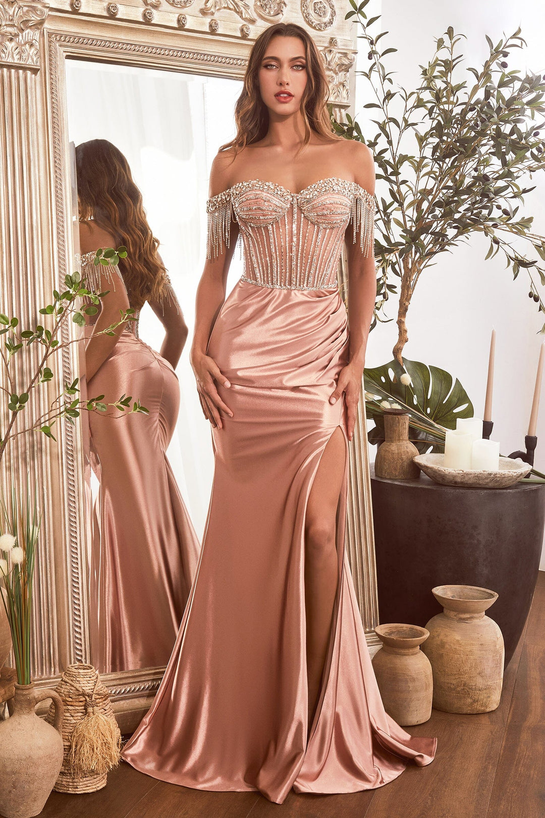 Beaded Off Shoulder Satin Slit Gown by Ladivine CD821