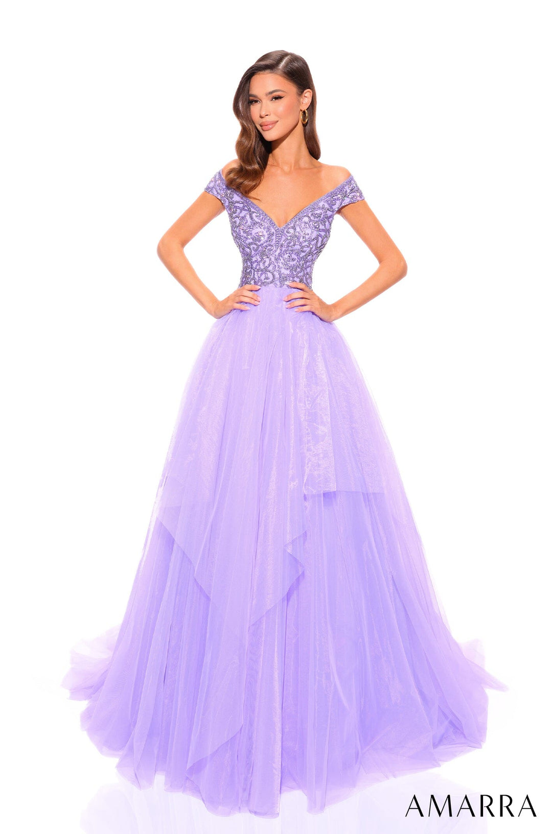 Beaded Off Shoulder Tulle Ball Gown by Amarra 94038