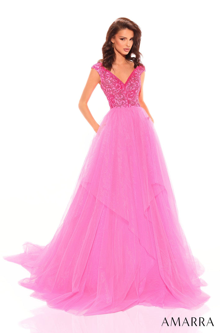 Beaded Off Shoulder Tulle Ball Gown by Amarra 94038