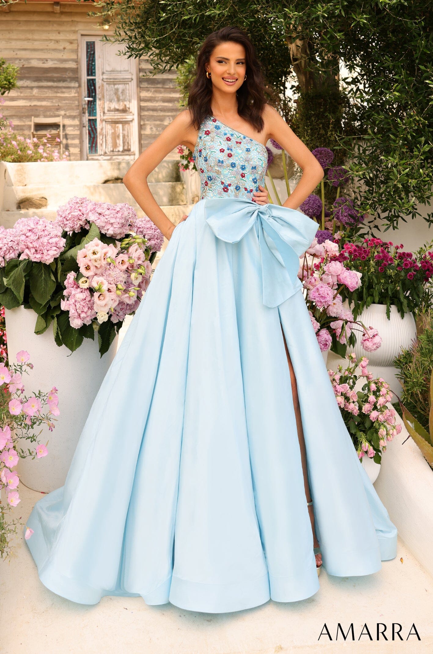 Beaded One Shoulder A Line Bow Gown by Amarra 94041 4 Light Blue